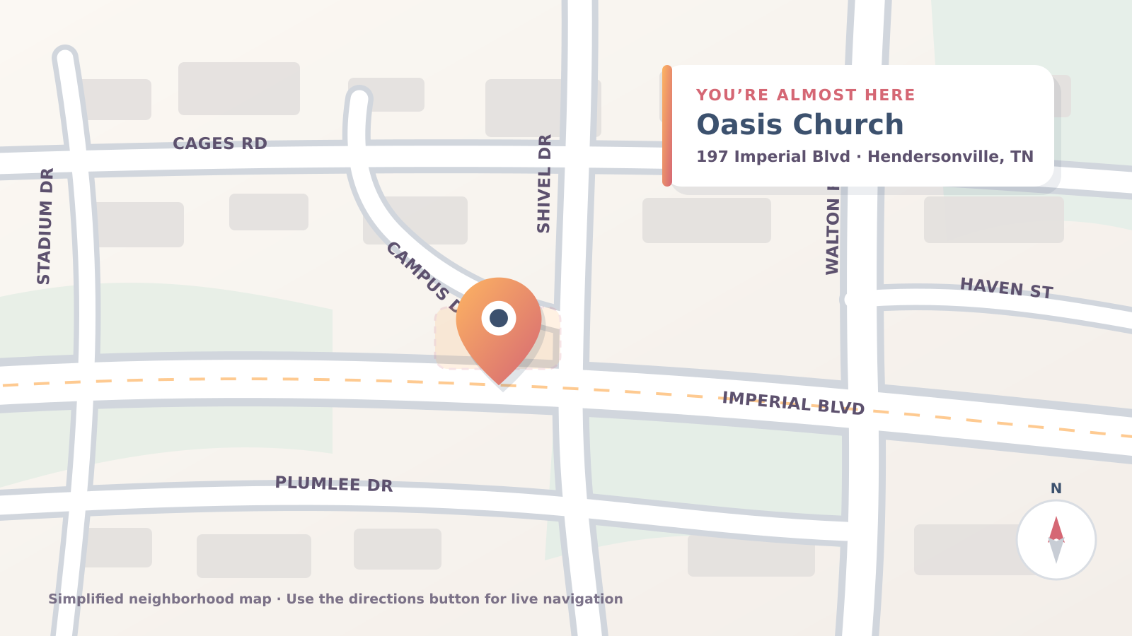 Simplified map showing Oasis Church at 197 Imperial Boulevard in Hendersonville, Tennessee.