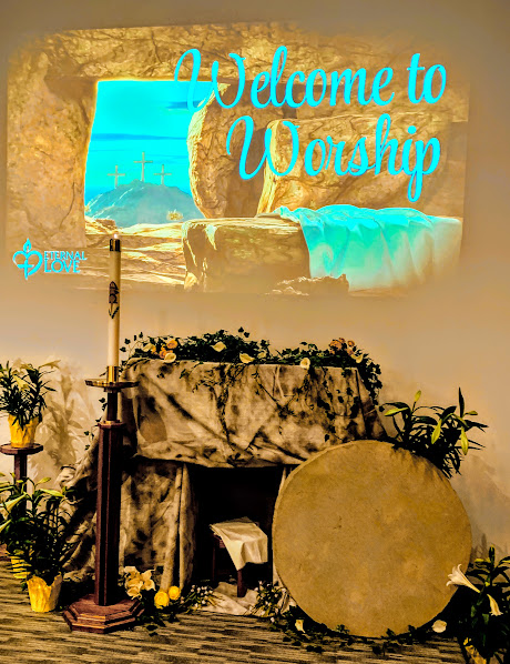 Open tomb display at front of church for Easter worship