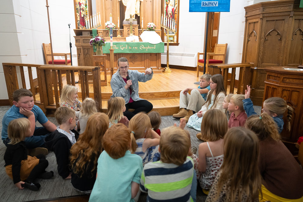 Children gather for a children's message at St. Peter's Lutheran Church