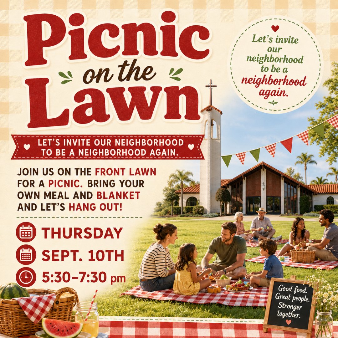 Flyer for church lawn party. Pictures people on lawn having a picnic
