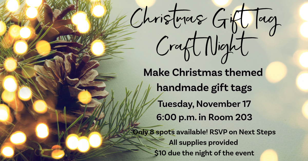 Christmas Tag Making Class graphic Greenery with Christmas lights on it.