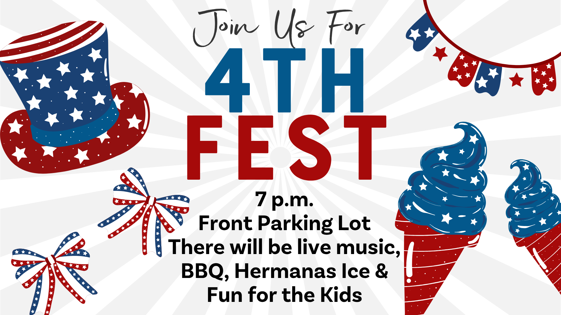 July 4th Fest Information with red white and blue graphics