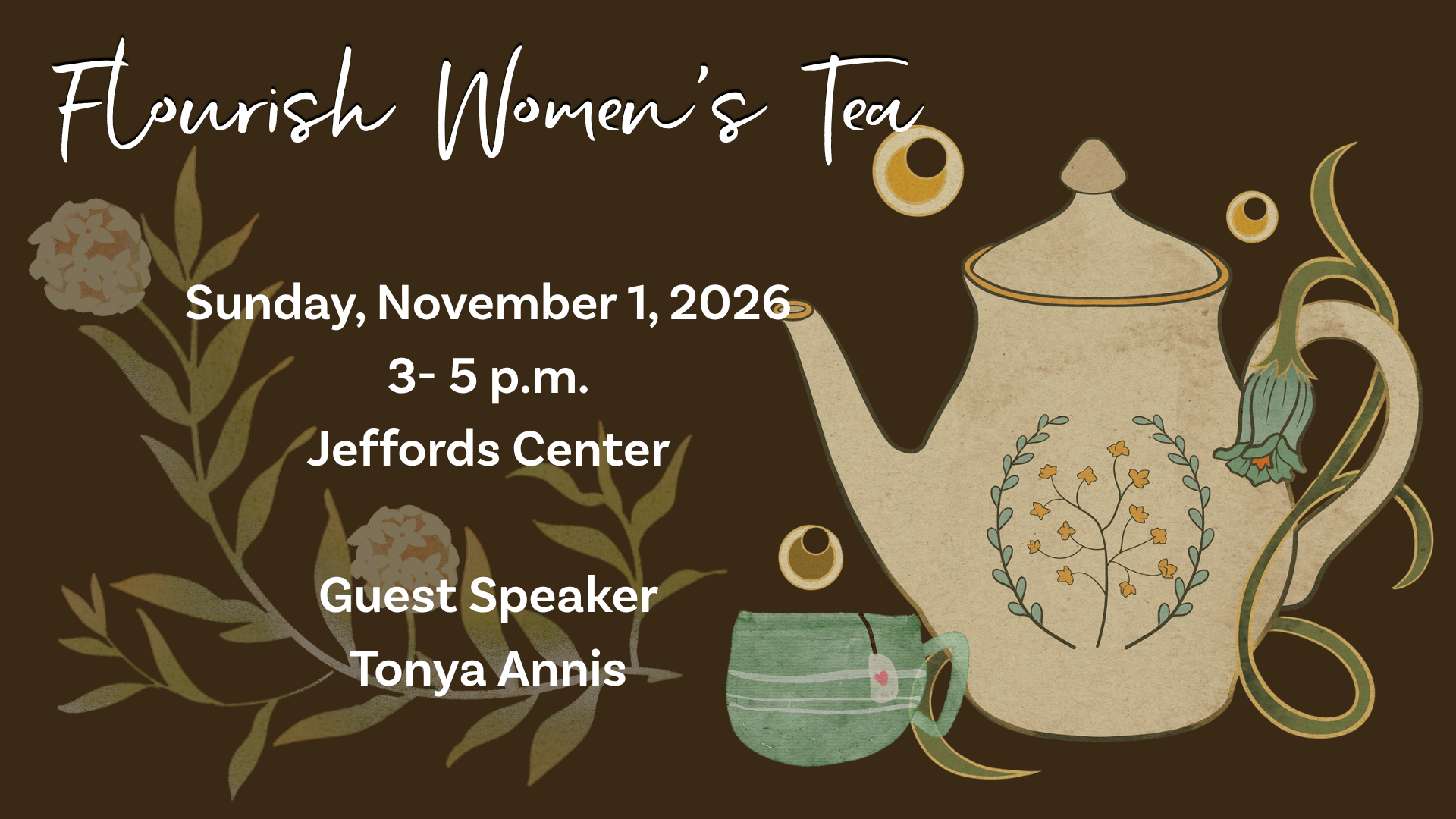 Graphic to advertise Tea Party with a tea pot and flowers on it.