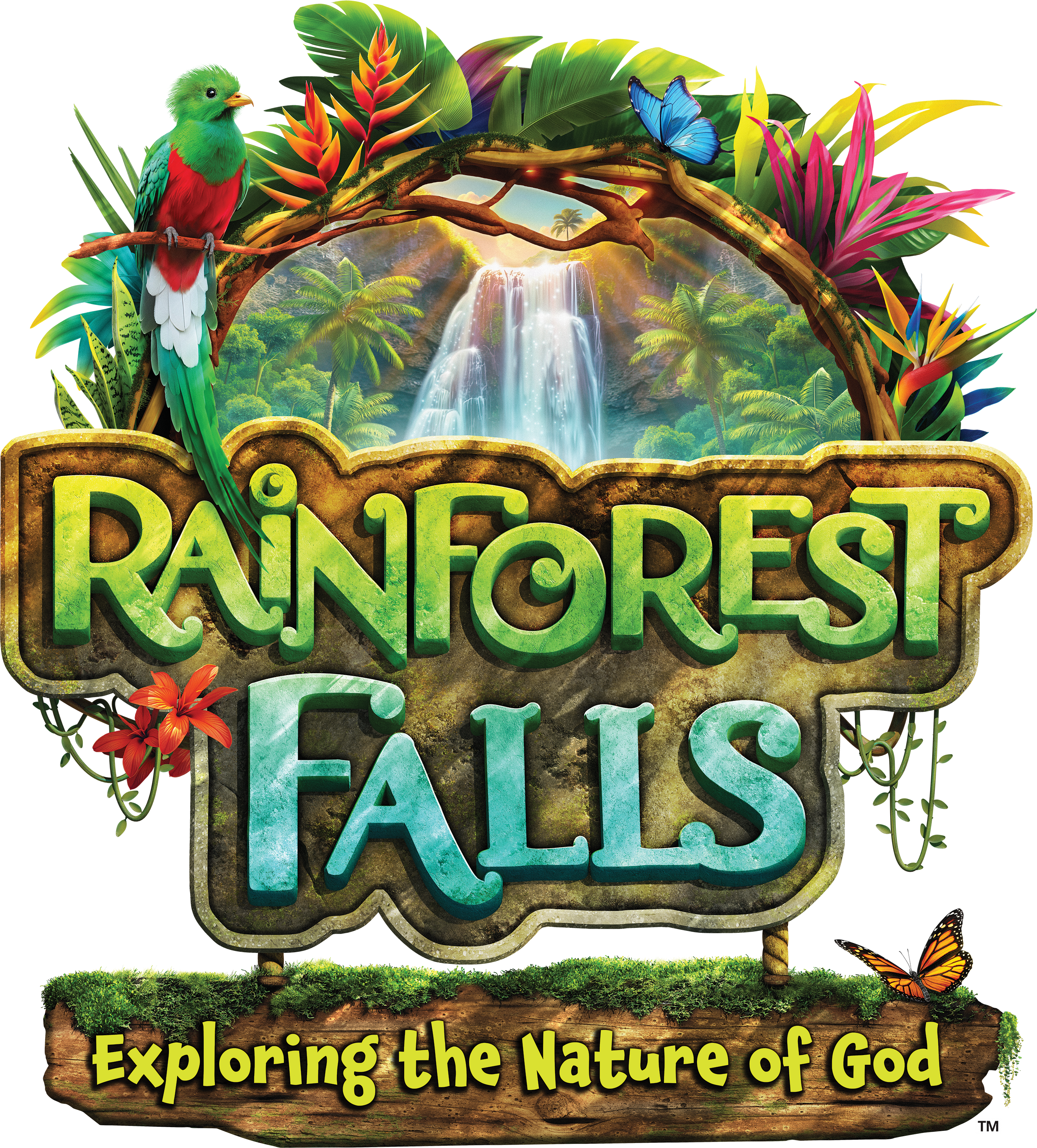 Rainforest Falls VBS logo "Exploring the Nature of God"