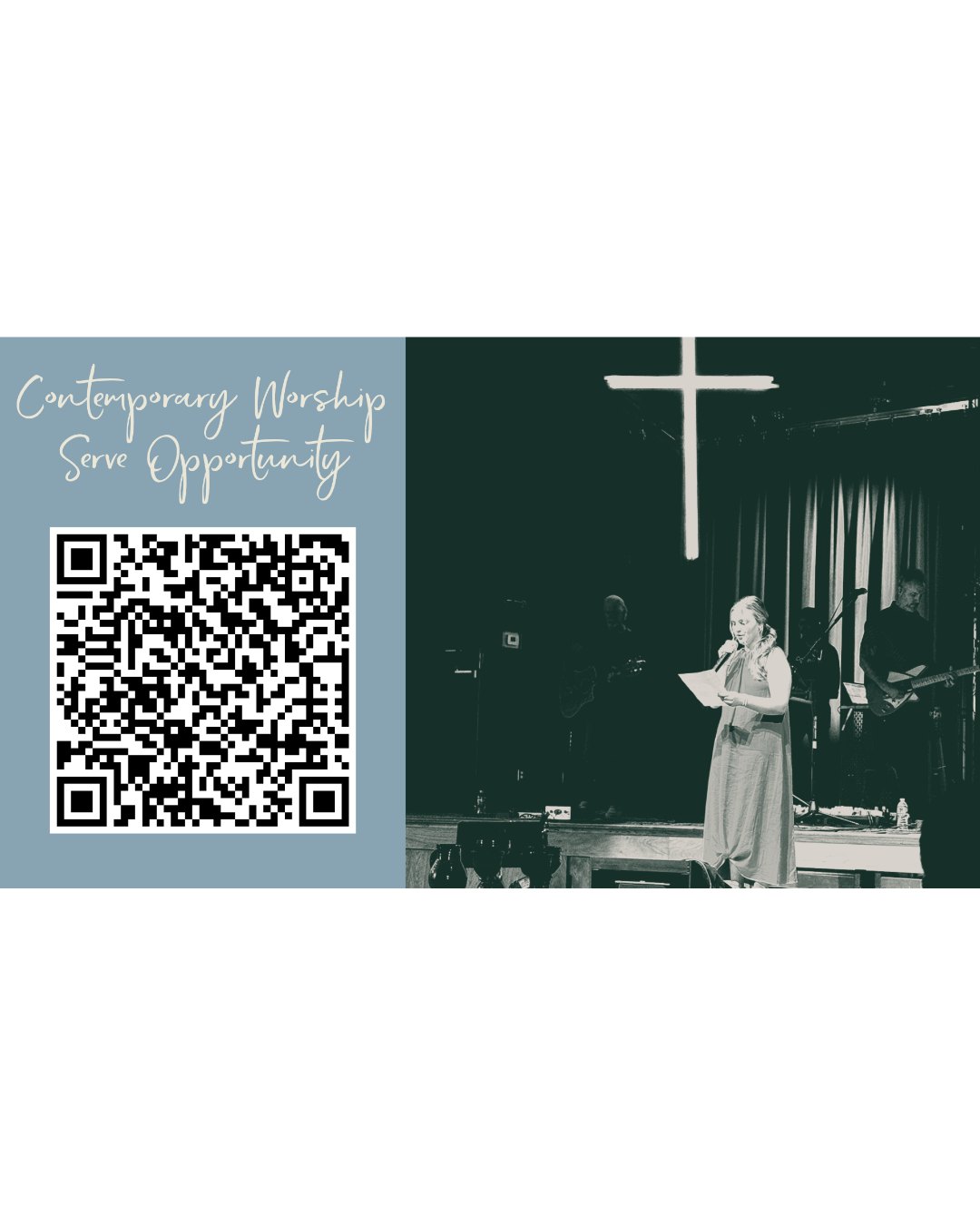 Girl reading on a stage with a cross behind her