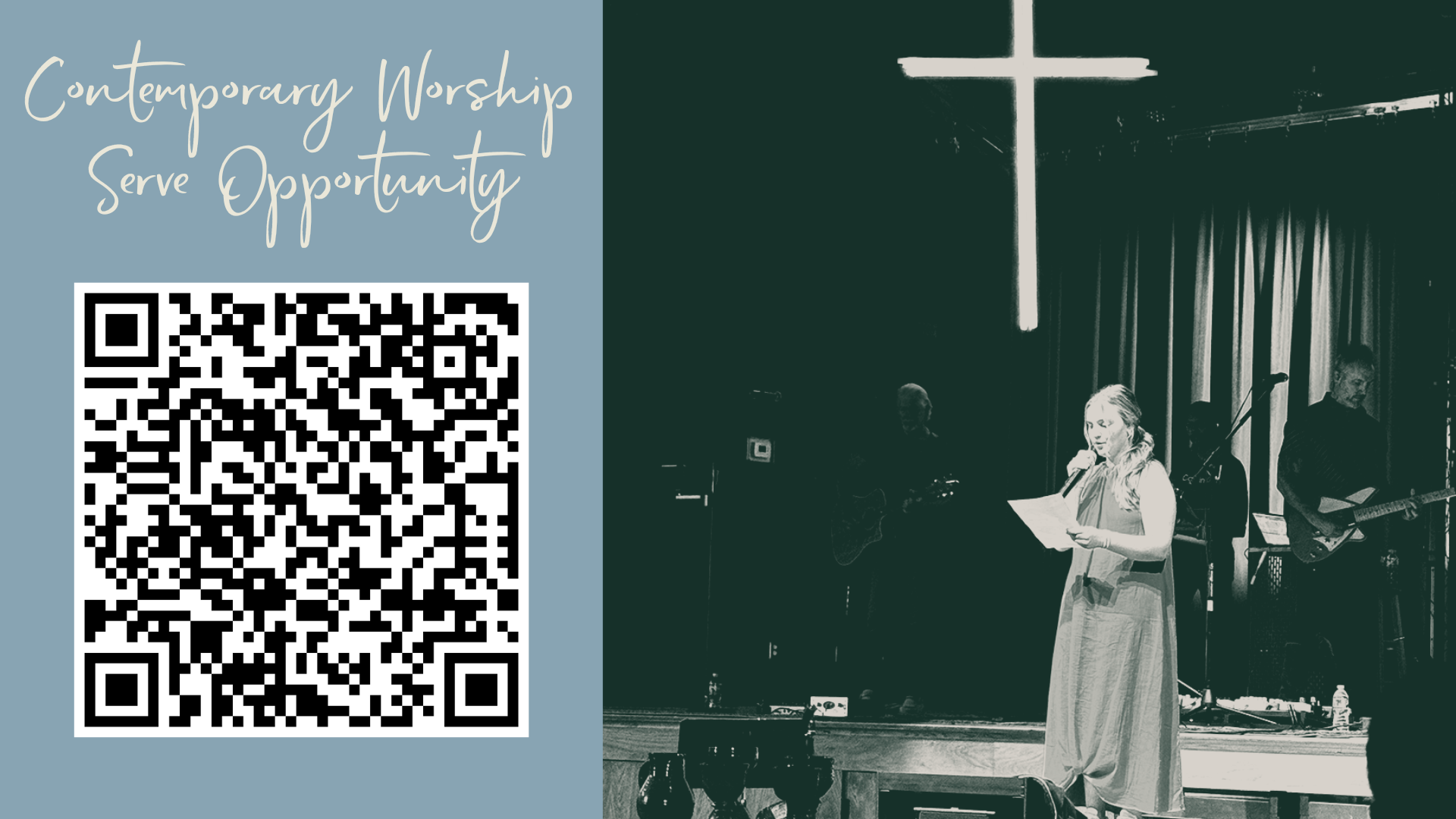 Girl reading on a stage with a cross behind her