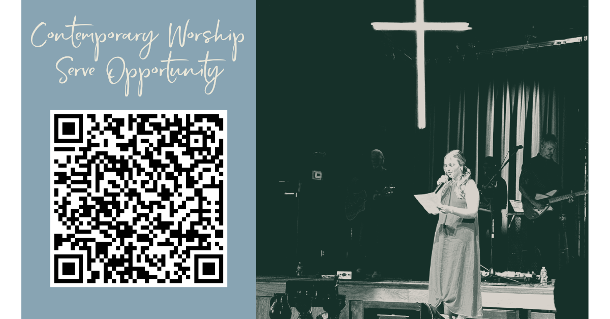 Girl reading on a stage with a cross behind her