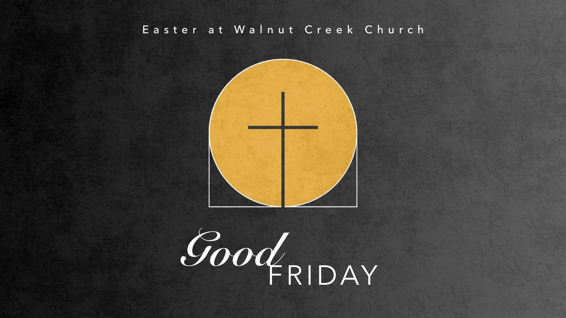 Two side-by-side promotional graphics for Easter services. On the left, a dark grey panel with a gold circle and a black cross reads "Good Friday." On the right, a light teal and tan panel features a green circle with gold rays and the cursive text "Joyful Trembling." Above both panels, small text reads "Easter at Walnut Creek Church."