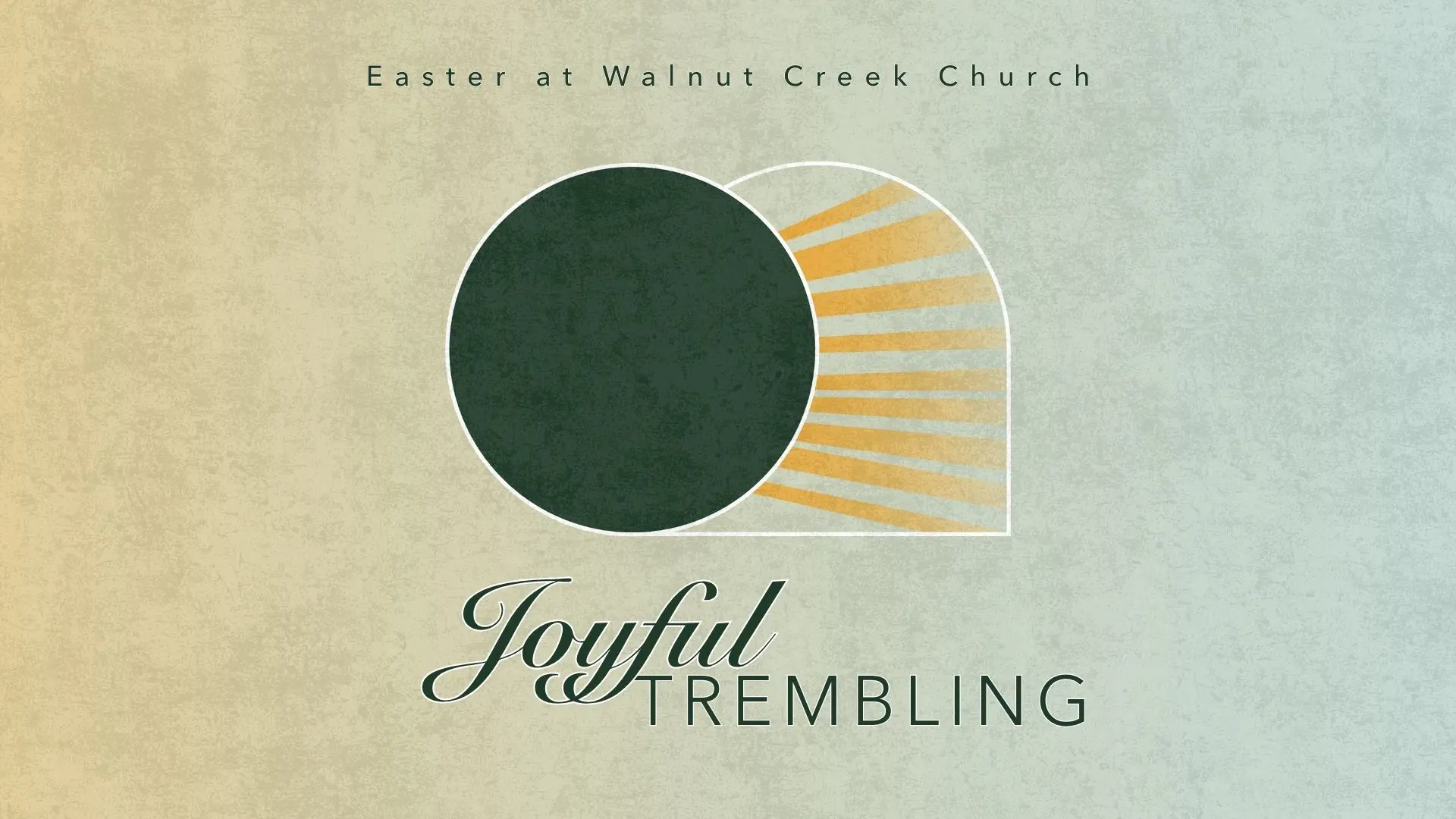 Two side-by-side promotional graphics for Easter services. On the left, a dark grey panel with a gold circle and a black cross reads "Good Friday." On the right, a light teal and tan panel features a green circle with gold rays and the cursive text "Joyful Trembling." Above both panels, small text reads "Easter at Walnut Creek Church."